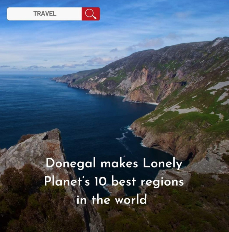 image of the cliff with the text 'Donegal makes Lonely Planet's 10 best regions in the world'